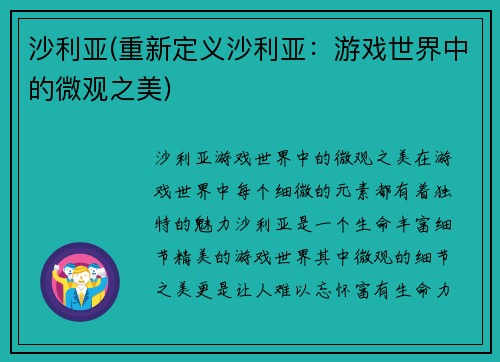 沙利亚(重新定义沙利亚：游戏世界中的微观之美)